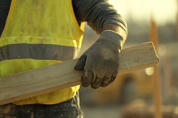 Skilled Construction Worker: Holding Wooden Beam on Sunny Site