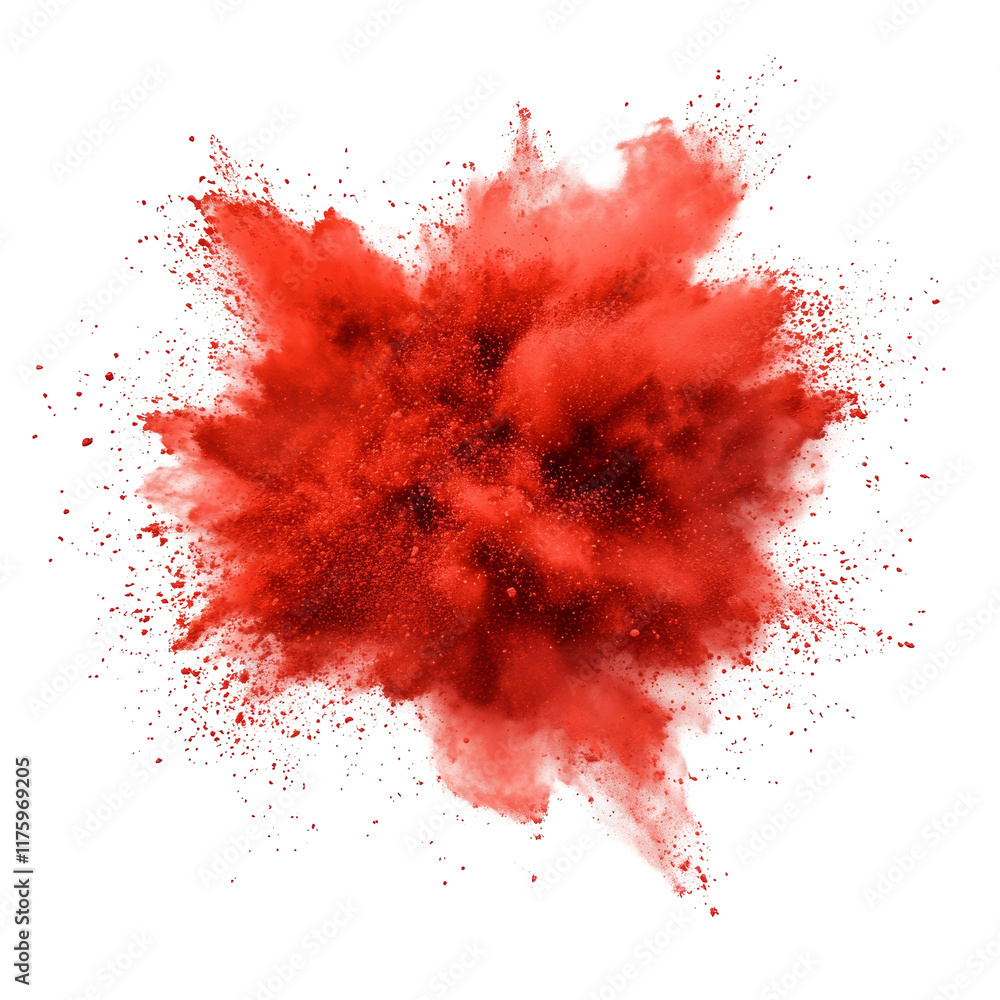 Poster vibrant red color powder explosion on a transparent background, creating a striking visual effect an