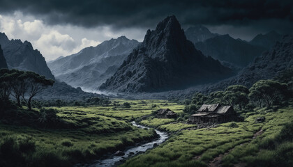 Obraz premium Mysterious mountain landscape under dark clouds at dusk with a quiet stream and an abandoned house