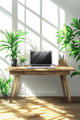 Fototapeta premium Home office desk workspace with laptop and plants illustration