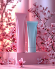 Skincare products with cherry blossoms on soft background
