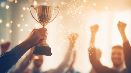 Business Team Celebrating Gold Trophy. Concept of success and achievement Office Team