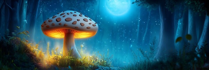 Mushroom emoji with spotted cap  glowing faintly in a magical forest under moonlight