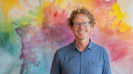 Smiling man with glasses, colorful background.
