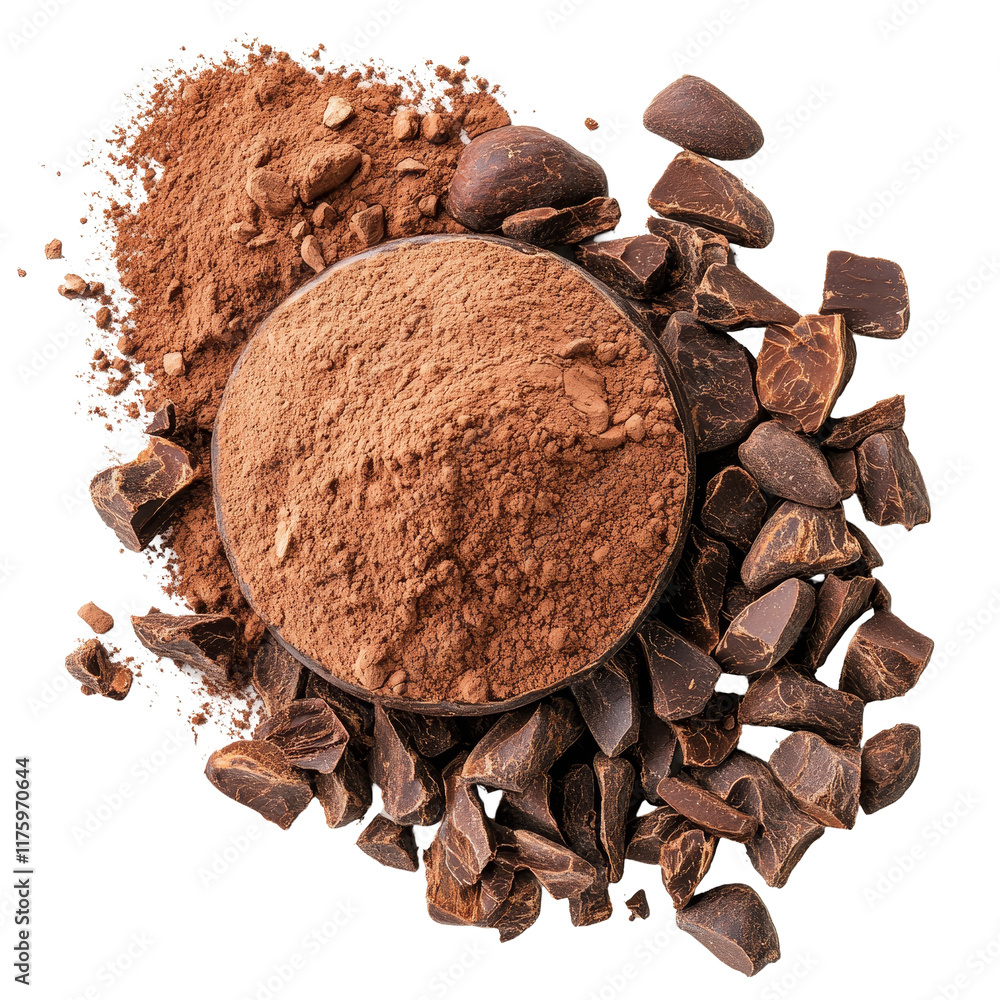 Poster cocoa powder and chocolate pieces arranged on a transparent surface highlighting the rich textures a