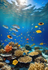 Fototapeta premium vibrant underwater scene showcasing diverse array seafood colorful coral ocean ecosystem elements clear blue waters, aquatic, reef, fish, marine, habitat