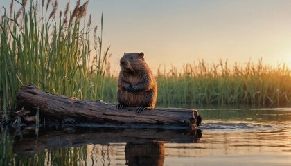 Beaver resting on a log at sunset near a calm river surrounded by tall grass and reeds