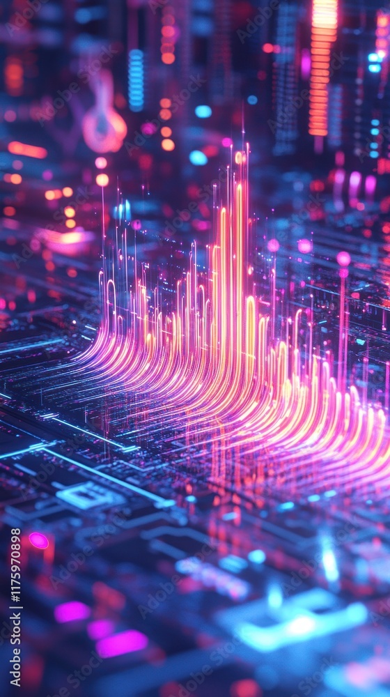 Poster colorful pulsating waveform display over futuristic circuit board in abstract digital environment, r