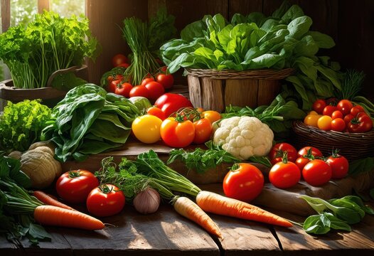 vibrant display fresh vegetables herbs featuring colorful colors rich textures aesthetic arrangement, baket, charming, vivid, cooking, gastronomy, plates