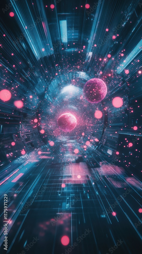 Poster abstract representation of a futuristic digital tunnel with glowing particles and celestial bodies i