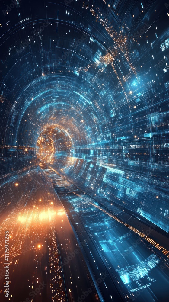 Poster abstract digital tunnel with luminous streaks of light and intricate patterns showcasing futuristic 
