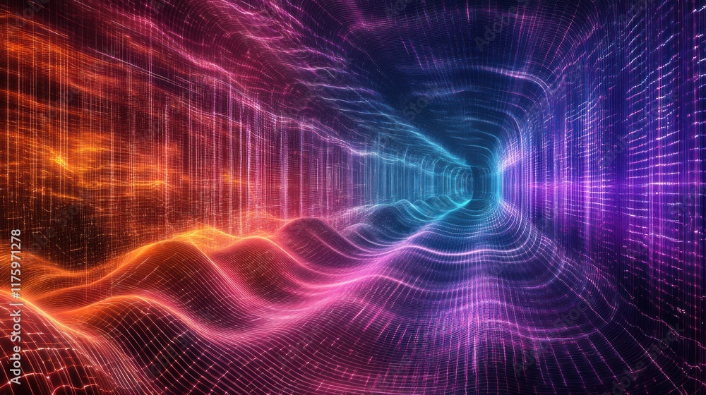 Poster stunning abstract visualization of data flow tunnel with fiery colors and waves representing digital