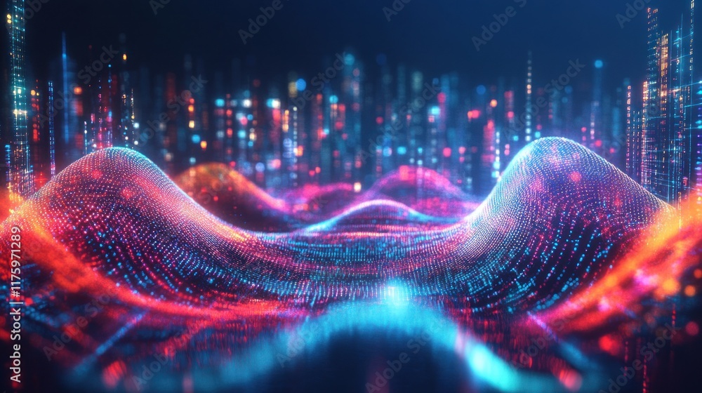 Poster vibrant abstract technology background with colorful waves of digital data creating a futuristic lan