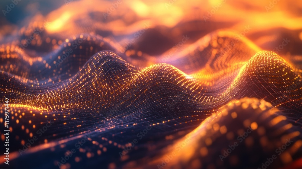 Poster abstract digital visualization of flowing waves resembling data patterns in vibrant colors, showcasi