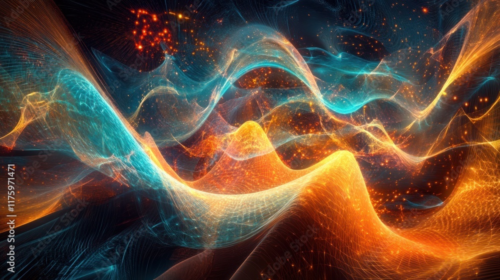 Poster Abstract Flowing Waves of Light in Vibrant Colors Representing Energy Movement and Dynamic Patterns in a Digital Universe Environment