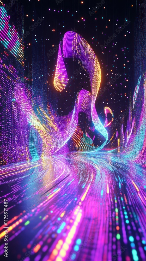 Poster vibrant abstract digital waves in a futuristic space with colorful light trails and sparkling stars 