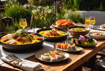 vibrant table setup featuring array diverse dishes displayed artfully bright colors varied textures, appetizer, cuisine, plating, flavor, taste, food, fresh