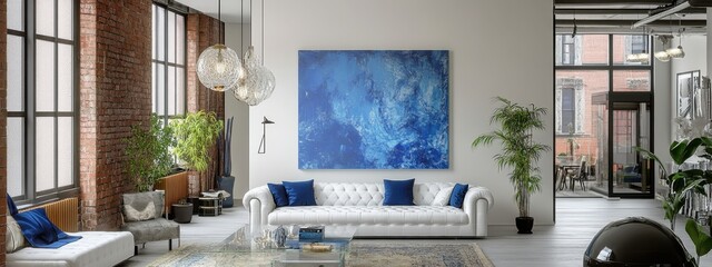 Modern living room interior, white walls, large windows, natural light, blue and white color scheme, abstract ocean painting, white tufted sofa, navy blue accent chairs, potted plants, wooden floor, m