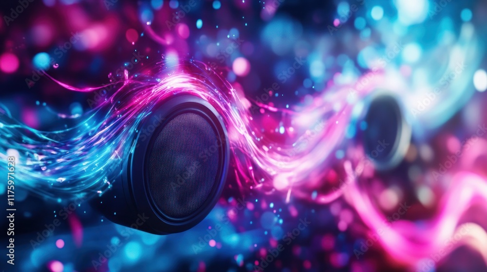 Poster vibrant abstract background with music elements featuring colorful sound waves and dynamic light eff