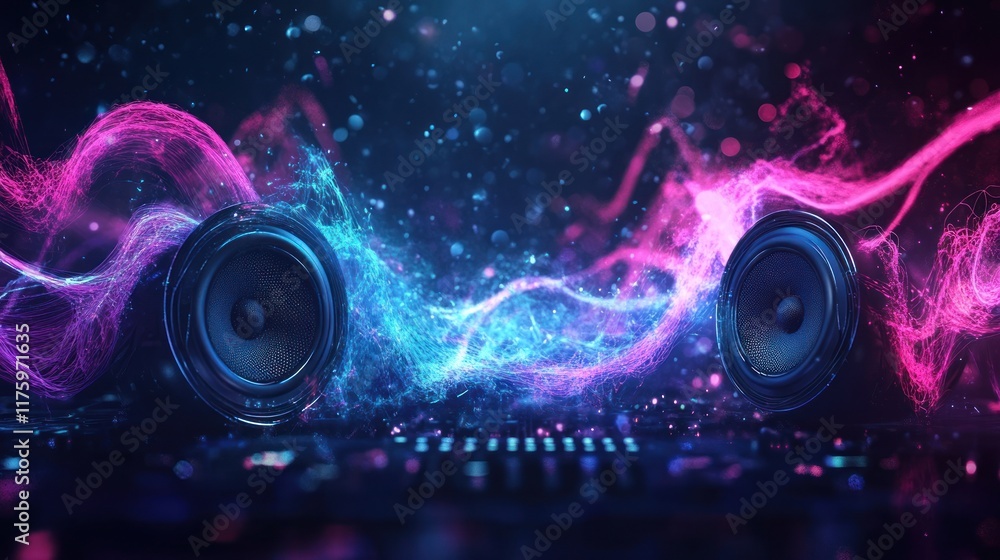 Poster vibrant visualization of sound waves with dynamic speakers emitting colorful light trails and sparkl