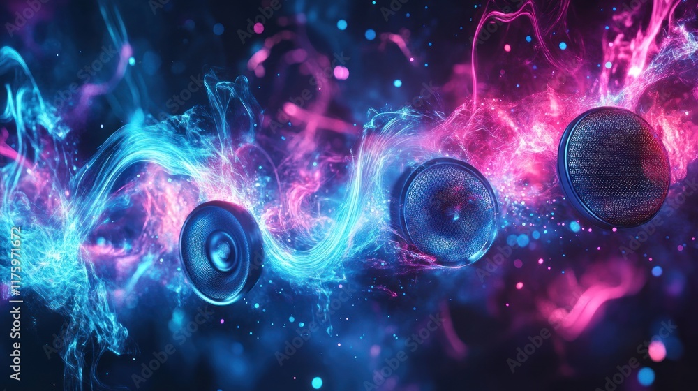 Poster vibrant abstract sound waves with colorful speakers creating a stunning visual display of energy and