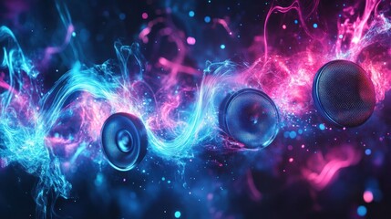 Vibrant Abstract Sound Waves with Colorful Speakers Creating a Stunning Visual Display of Energy and Rhythm in Digital Art Form