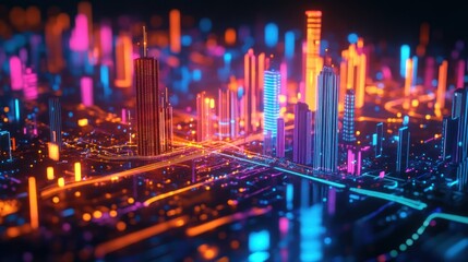 Fototapeta premium Futuristic Cityscape with Neon Lights and High-Tech Infrastructure at Night, Representing Urban Life and Advanced Technology in a Vibrant Environment