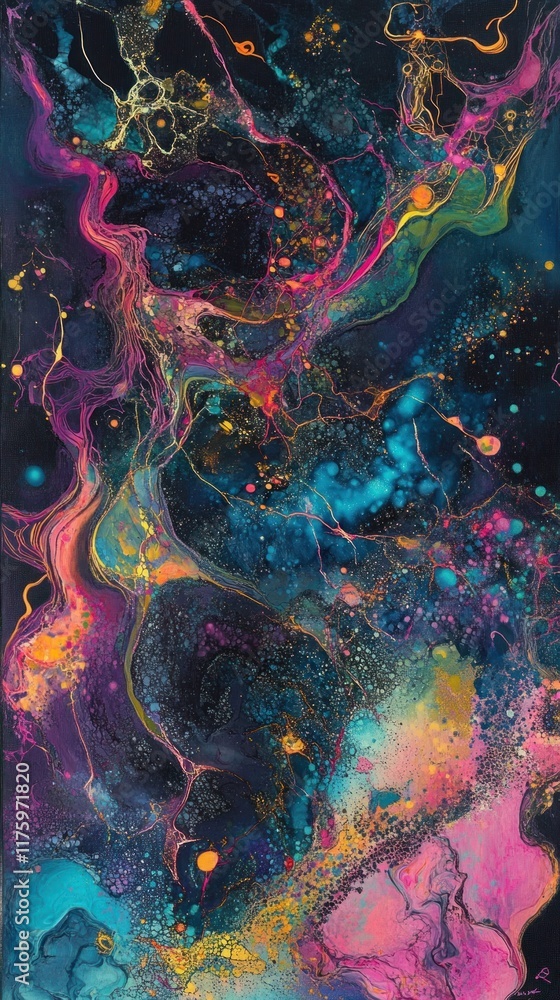 Poster abstract cosmic flow with vibrant colors and dynamic swirls creating an otherworldly space scene wit
