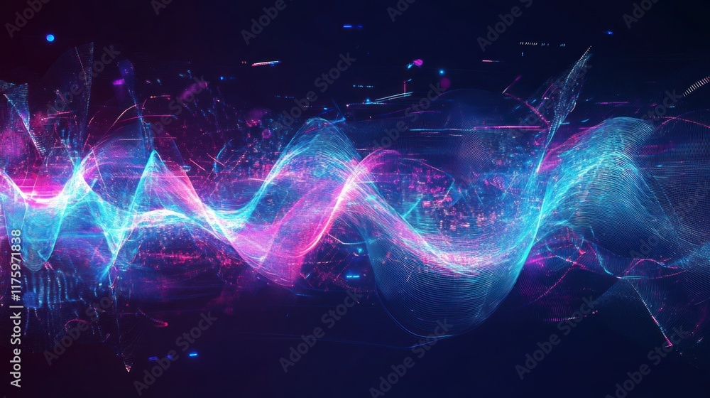 Poster abstract waveform background with vibrant colors and light trails representing data visualization an