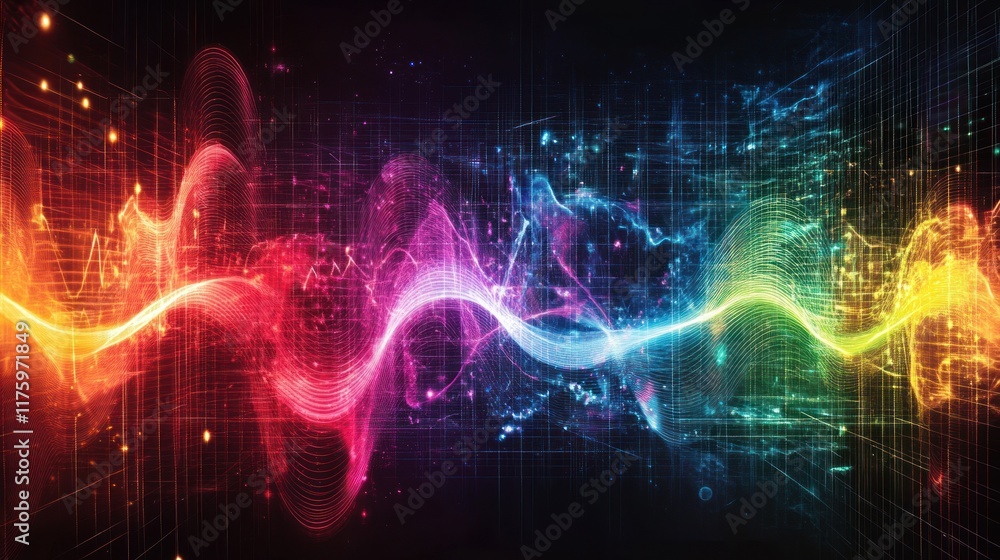 Poster vibrant waves of colorful energy representing sound frequencies in an abstract background for creati