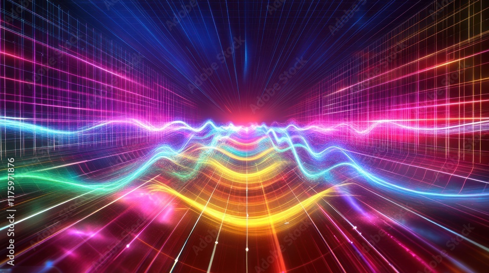 Poster abstract vector background with colorful light waves and bright lines in a futuristic space, ideal f