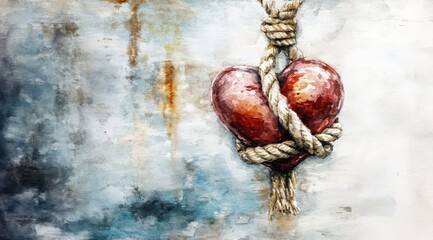 Artistic representation of love struggles,  a heart wrapped in rope hanging against a textured background conveying emotion and tension