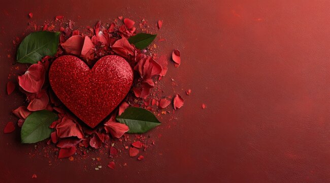 Heart decoration with red petals and leaves arranged on rich red background for romantic occasions or celebrations