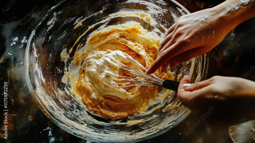 Poster hands whisking pancake batter in a clear glass bowl while preparing a delicious breakfast. generativ