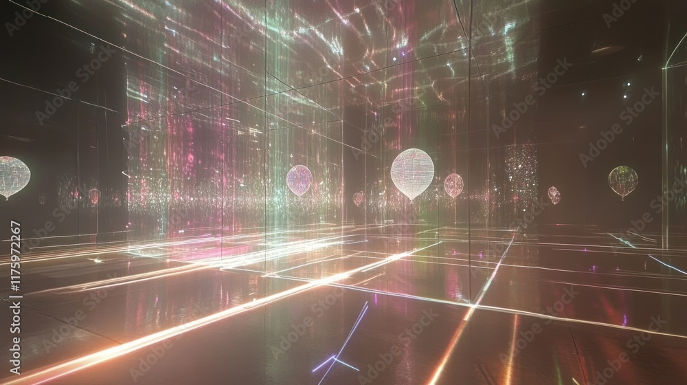 Poster ethereal light reflections in an abstract digital environment with floating spheres and illuminated 