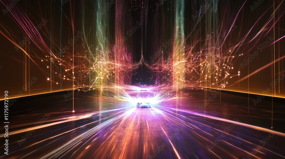 Poster abstract representation of light trails and vibrant colors occurring in a dynamic visual display, sh