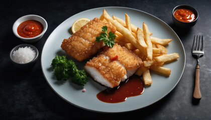 Crispy fried fish fillets served with golden fries and dipping sauce on a dark textured plate