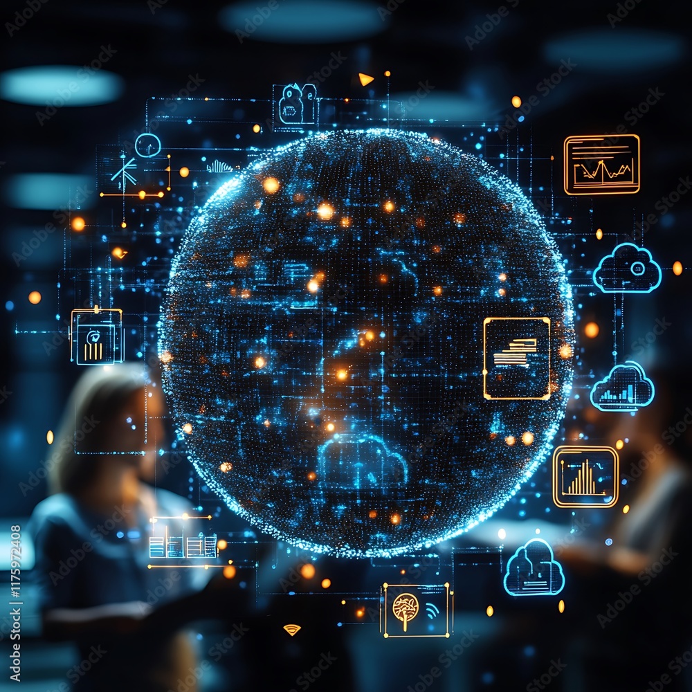 Poster cloud computing business team collaborating around virtual globe surrounded cloud storage digital ma