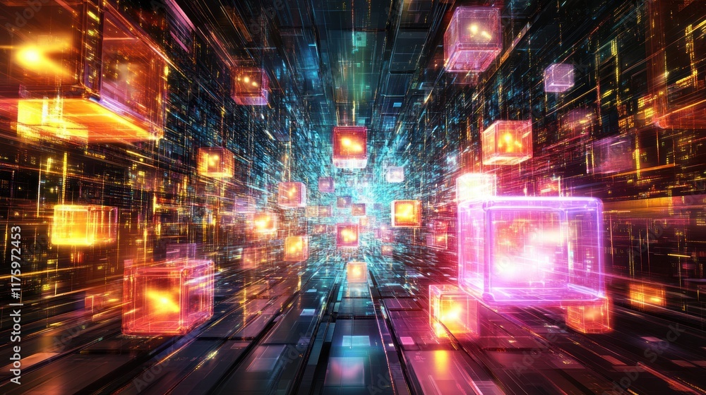 Poster abstract digital landscape with vibrant glowing cubes and dynamic light trails creating an illusion 