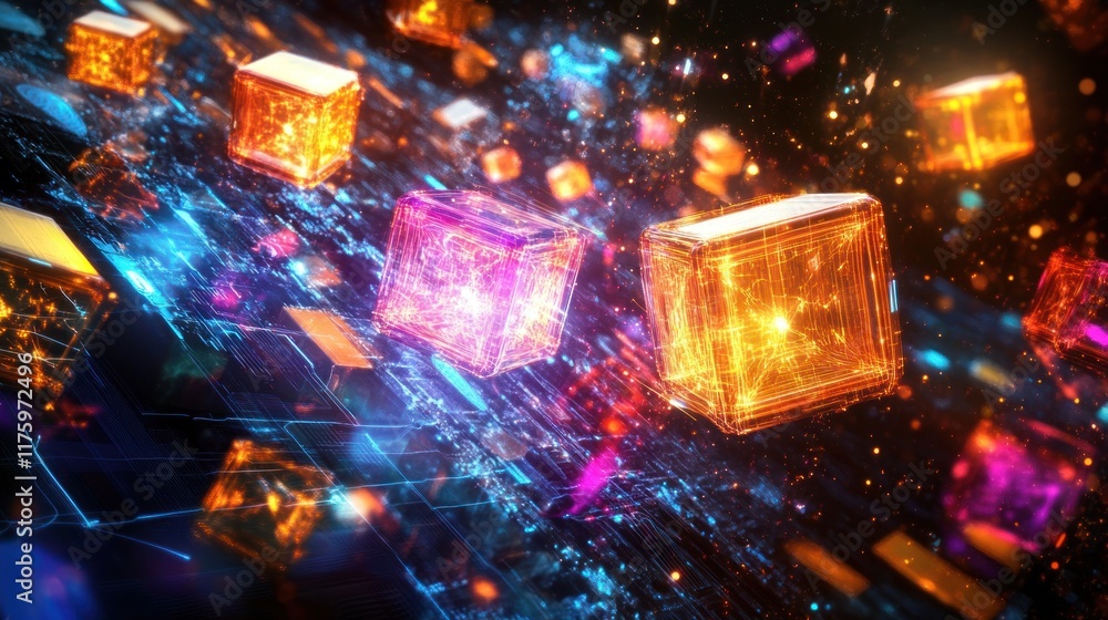 Poster Abstract Futuristic Image of Colorful Glowing Cubes Floating in a Digital Space with Sparkling Lights and Energy Trails Creating a High-Tech Background