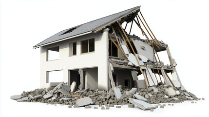 Devastated house destroyed by an earthquake isolated