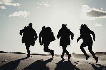 coastal celebration scene, group running on sand