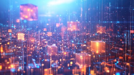 Fototapeta premium Futuristic digital landscape showcasing glowing geometric shapes and vibrant lights in a mesmerizing abstract space filled with data and technology