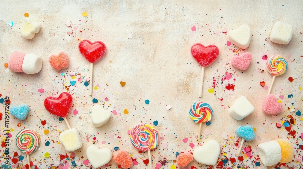 Poster colorful candy display with heart shaped sweets and lollipops on a festive background. generative ai