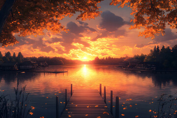 Obraz premium Serene Sunset Over Tranquil Lakeside: A Peaceful Reflection