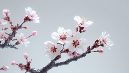 Obraz premium Cherry blossom branch in bloom showcasing delicate pink flowers against a soft gray background
