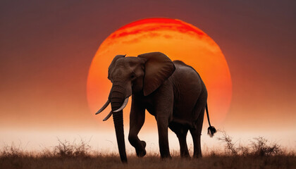 Majestic elephant walks across the savanna at sunset with vibrant orange sky