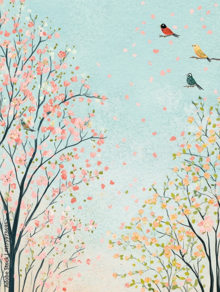 Aufkleber spring blossoms with colorful birds flying over trees in a serene landscape. generative ai