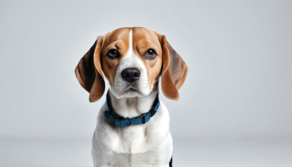 Beagle sits attentively with a blue collar against a light backdrop during a studio session