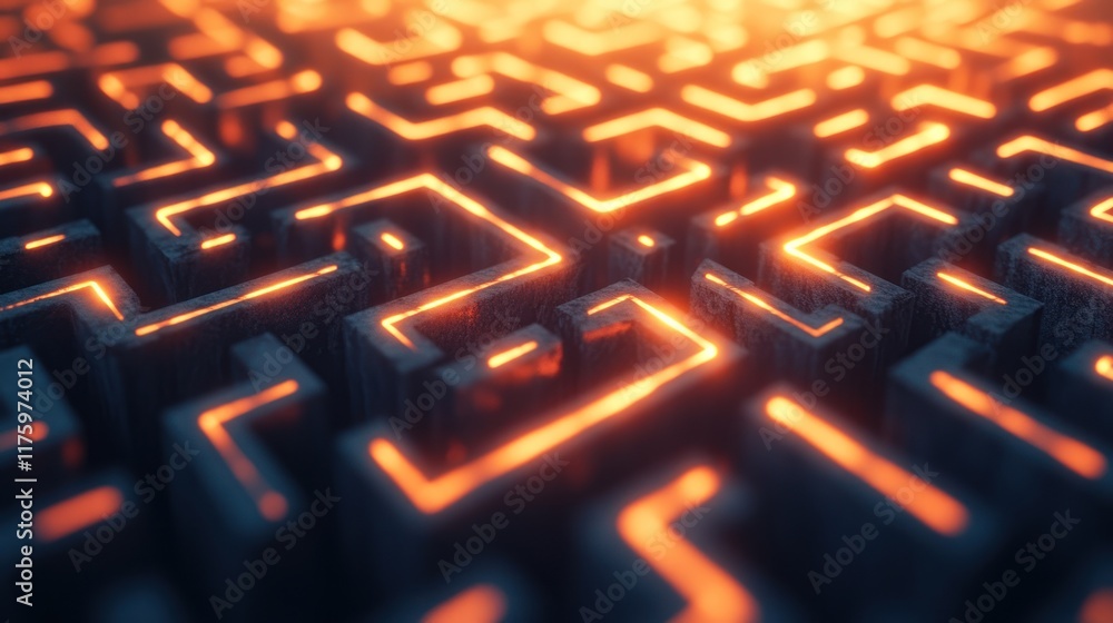Poster glowing labyrinth pathways a digital 3d maze of intricate design and warm orange illumination. gener